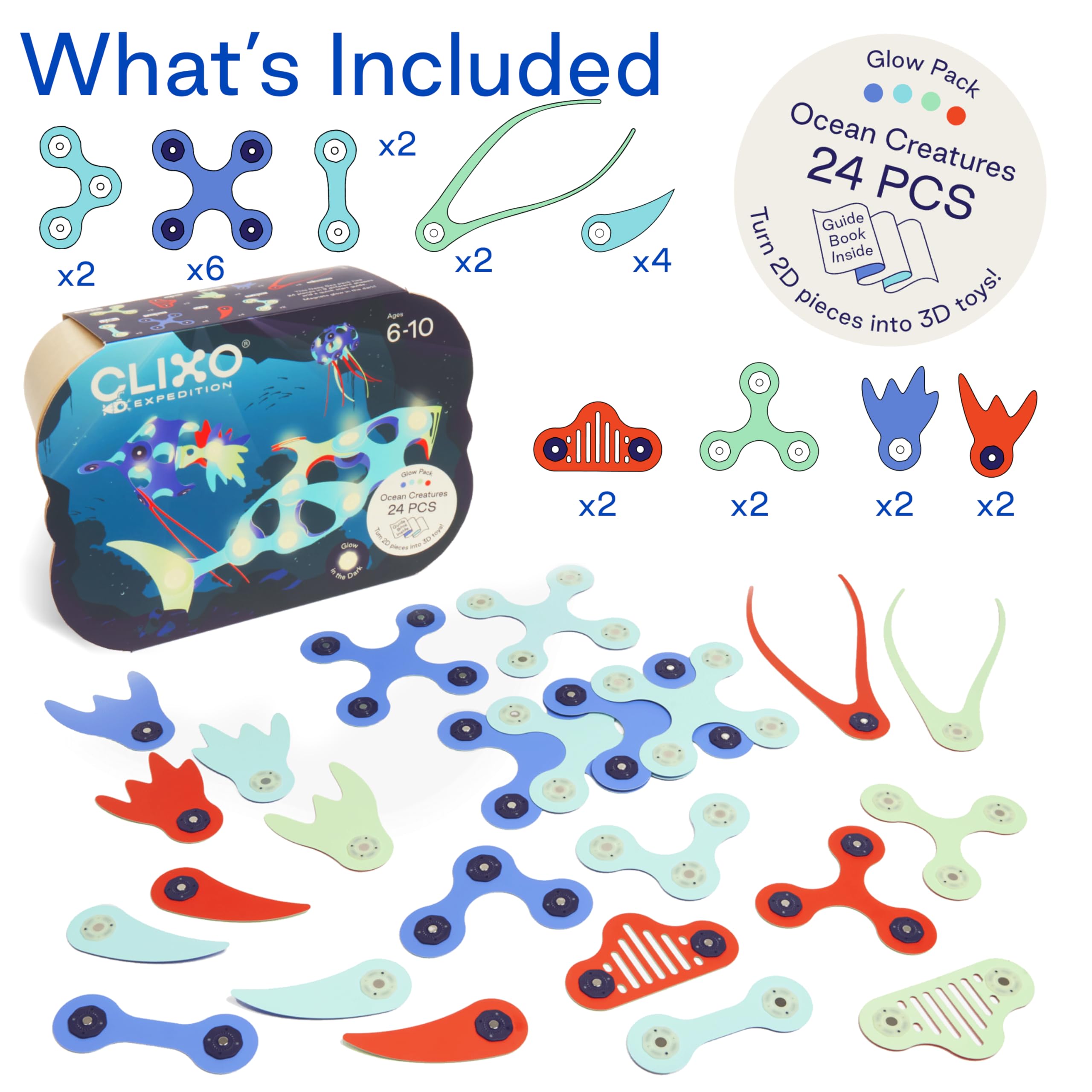 Amazon.com: Clixo Ocean Creatures Pack - Glow-in-The-Dark Magnetic